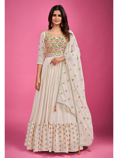 Myra White Chinon Silk Embroidered Gown