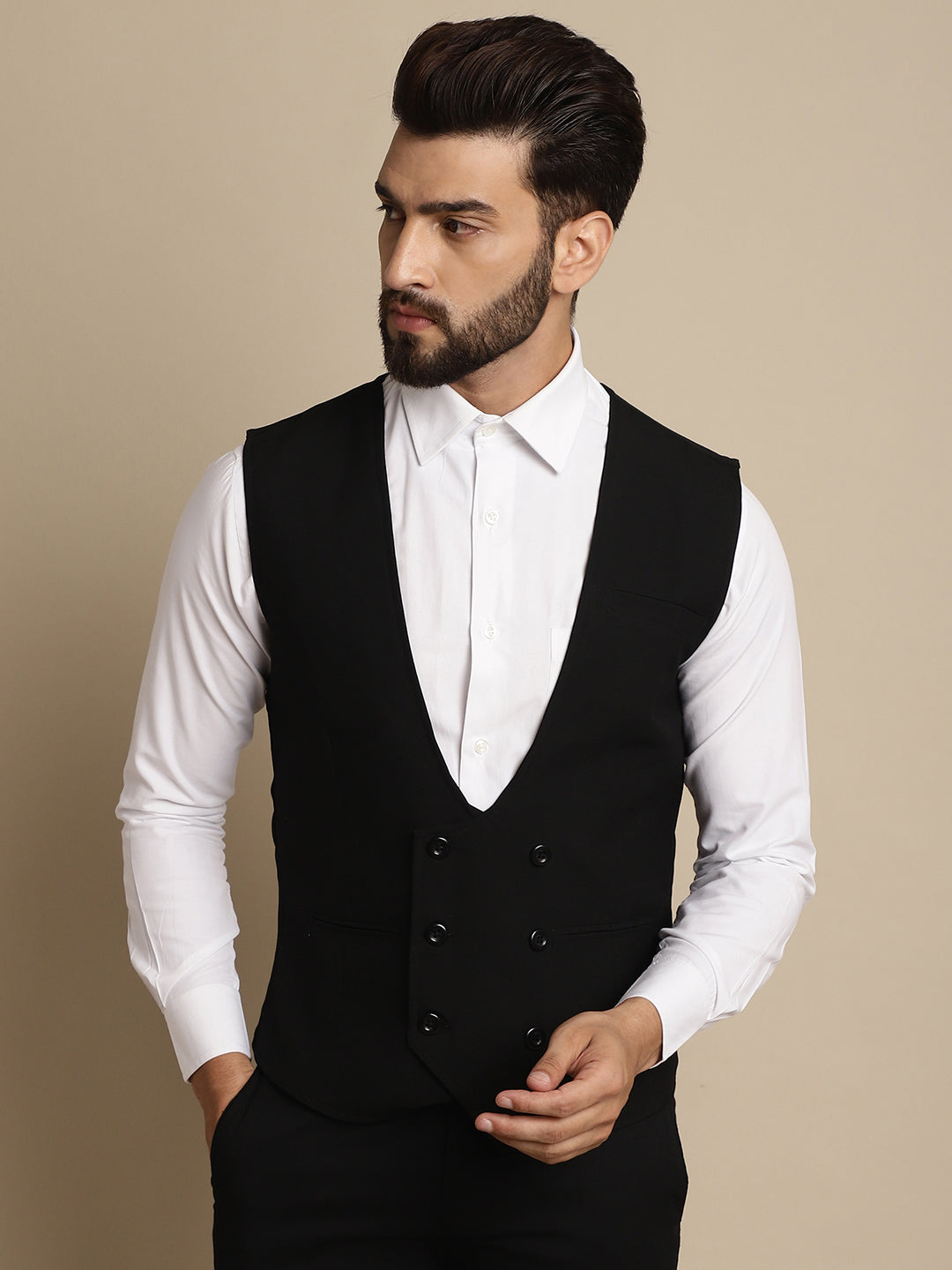 Even Apparels Men's Black Double Breast Waistcoat