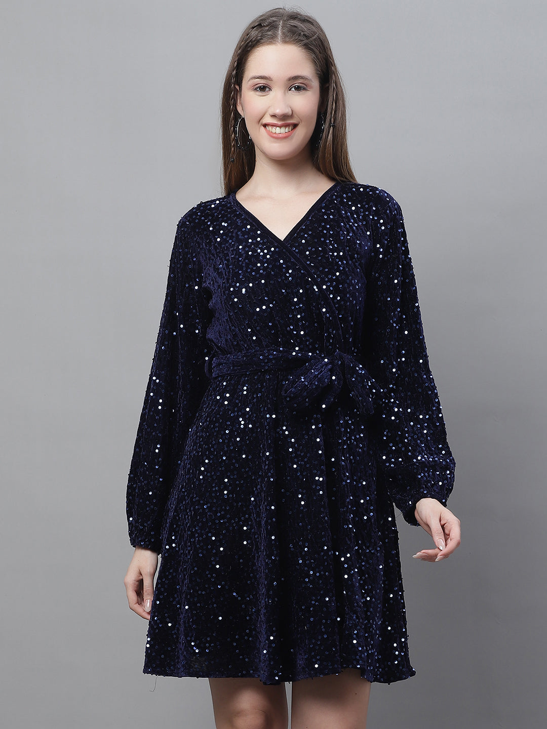 Jainish Women's WoSequin Velvet A-line dress - Navy Blue