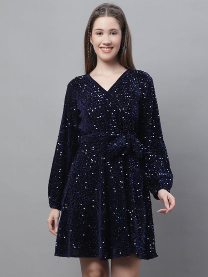 Jainish Women's WoSequin Velvet A-line dress - Navy Blue