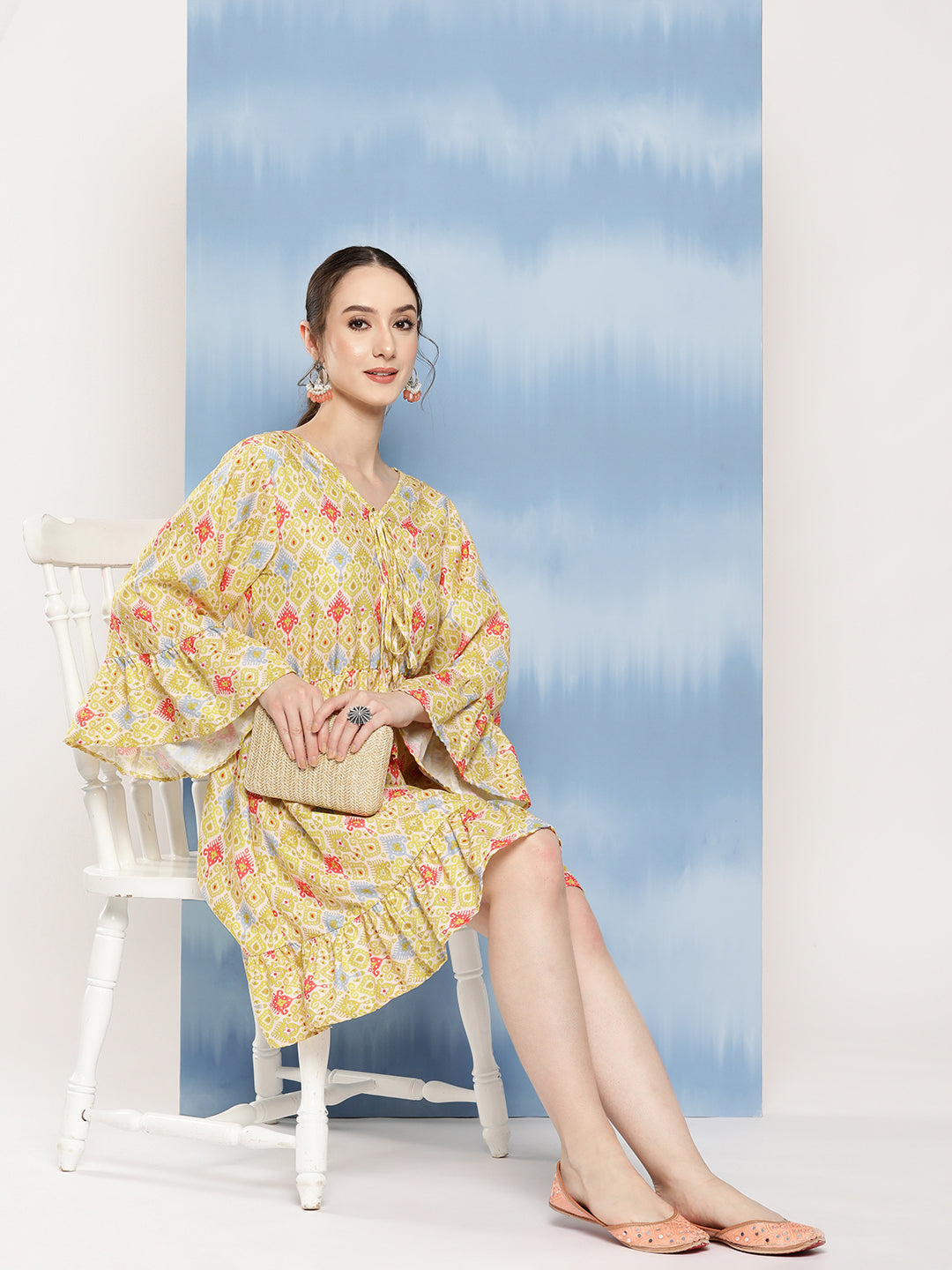 InWeave Women's Yellow Orange Ikkat Print Short Dress