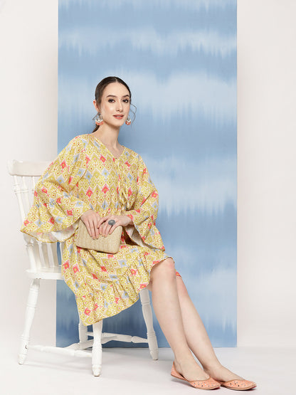 InWeave Women's Yellow Orange Ikkat Print Short Dress