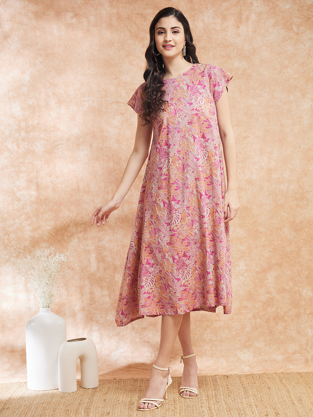 InWeave Women's Pink Coral Floral Print A Line Dress