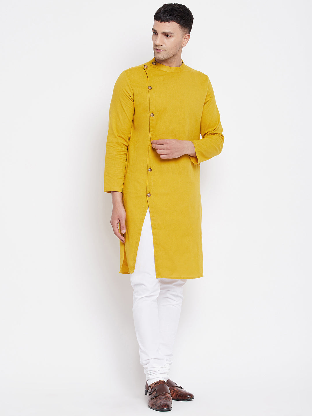 Even Apparels Yellow Pure Cotton Kurta With Band Collar