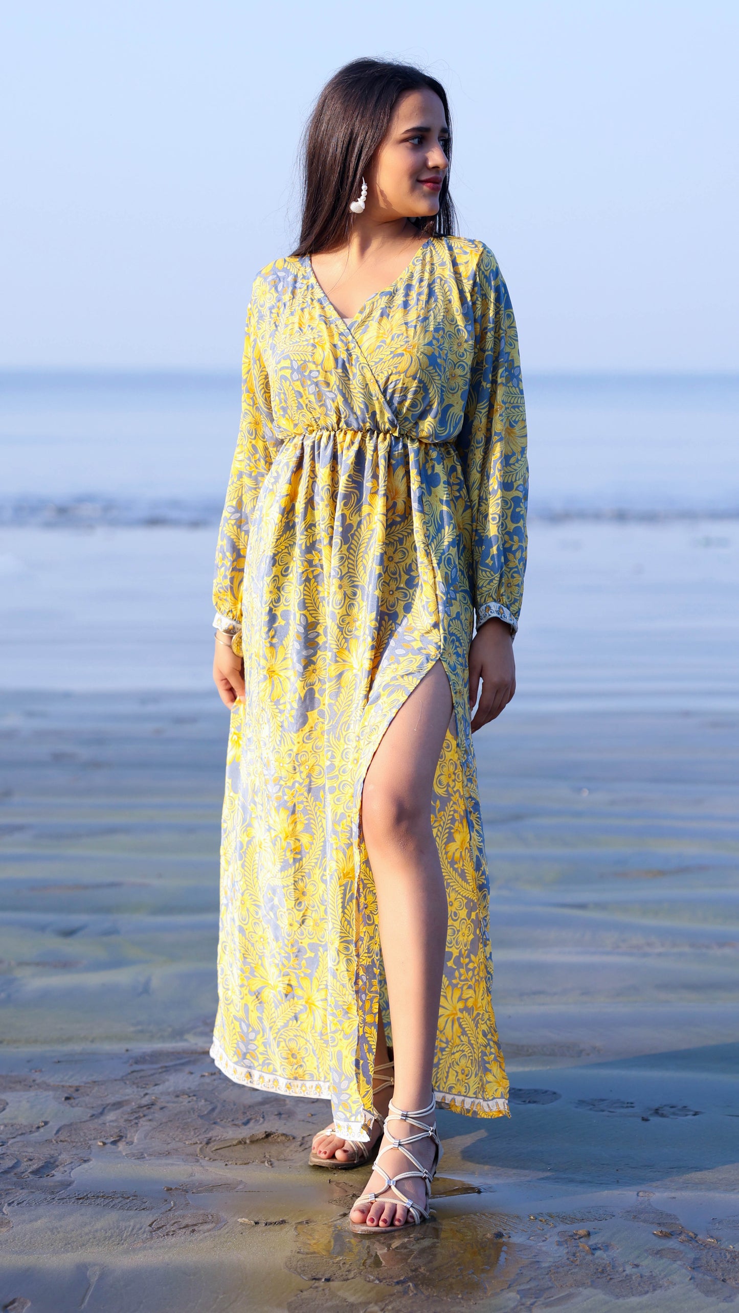Noroke Vintage Crepe Yellow Vintage Printed Long Dress