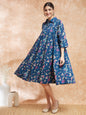 InWeave Women's Blue Pink Kalamkari Flared Dress