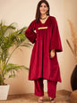 InWeave Women's Barn Red V Neck Asymmetrical Pleated Velvet Kurta Set