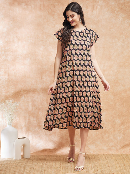 InWeave Women's Black Small Paisley Kalamkari A Line Dress