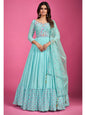Myra Blue Chinon Silk Embroidered Gown