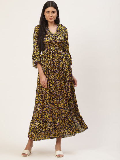 InWeave Women's Mustard Print Ruffled Dress