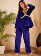 InWeave Women's Royal Blue Mughal Shaan Style Velvet Short Kurta Set