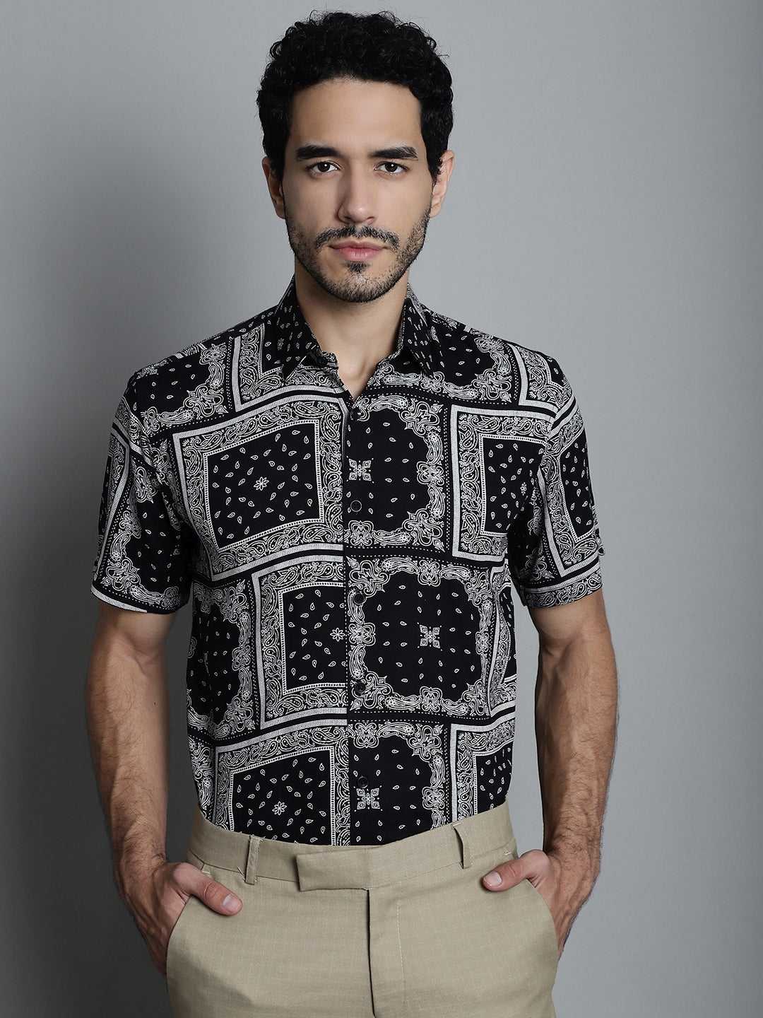 Jainish Men's Paisley Printed Formal Shirts - Black