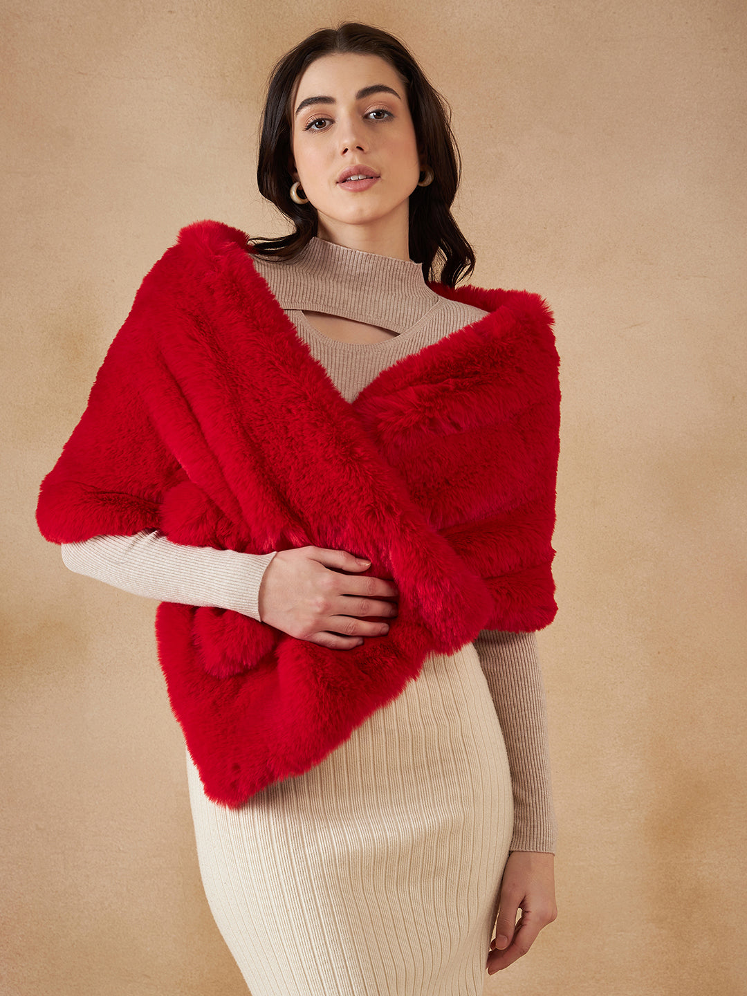 InWeave Women's Cherry Red Long Faux Fur Cape