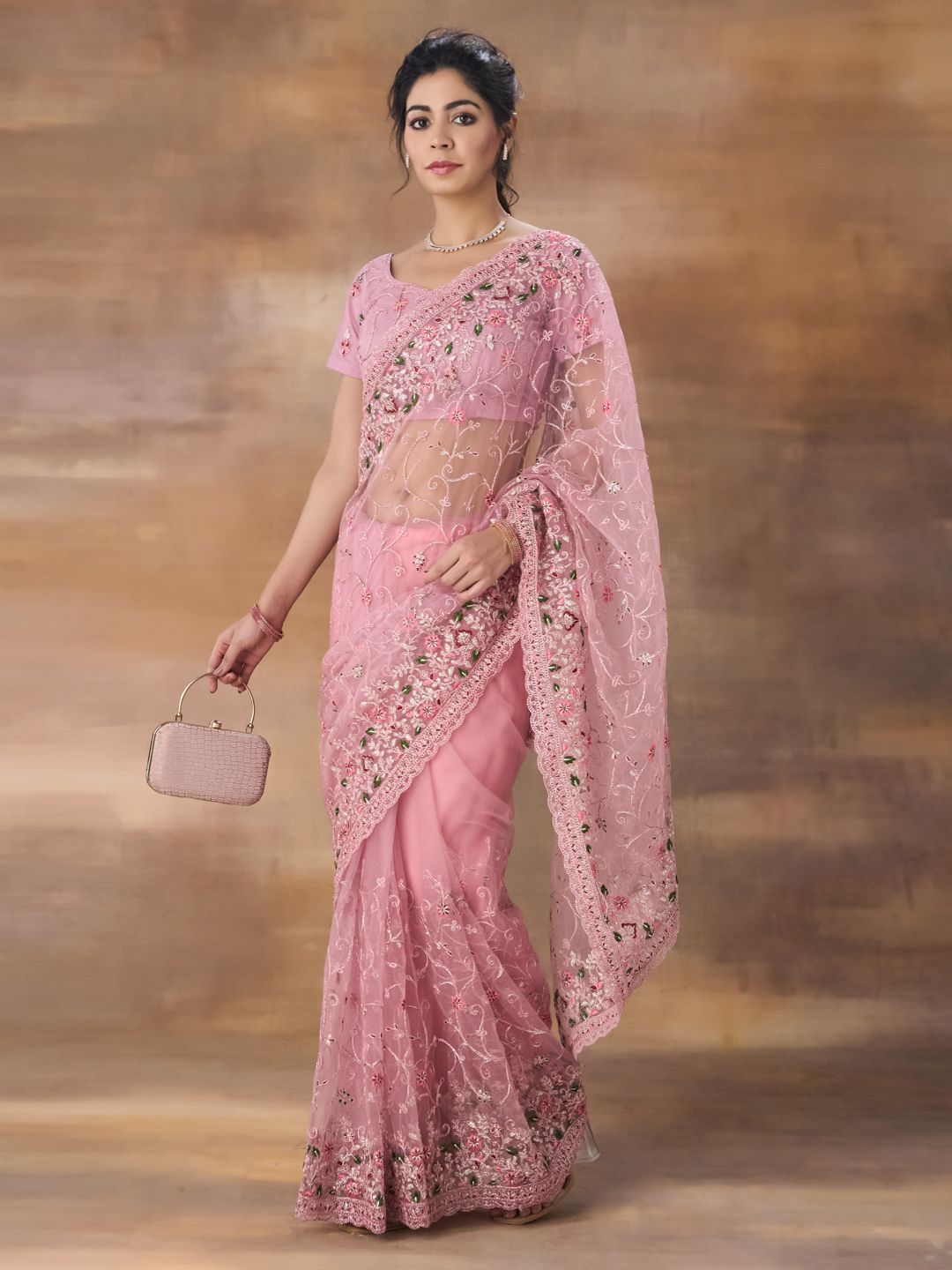 kasee Floral Embroidered Net Saree With Blouse Piece