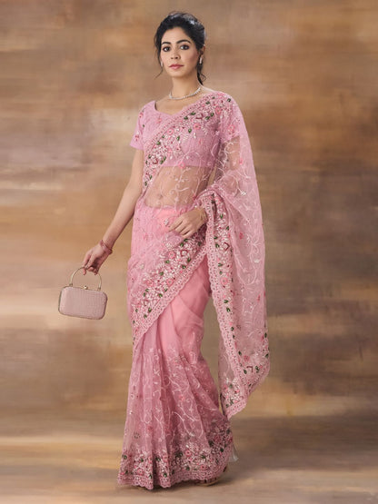 kasee Floral Embroidered Net Saree With Blouse Piece