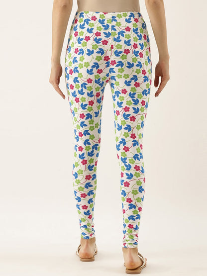 Souchii White & Blue Printed Slim-Fit Ankle-Length Leggings