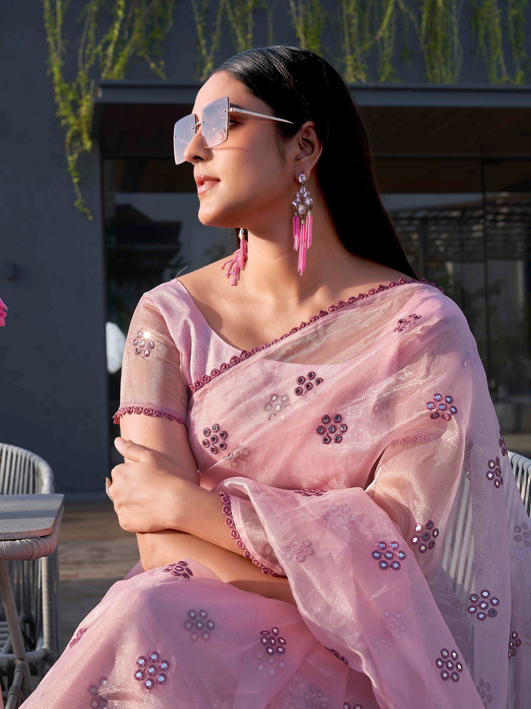 Tikhi Imli Floral Mirror Work Organza Saree