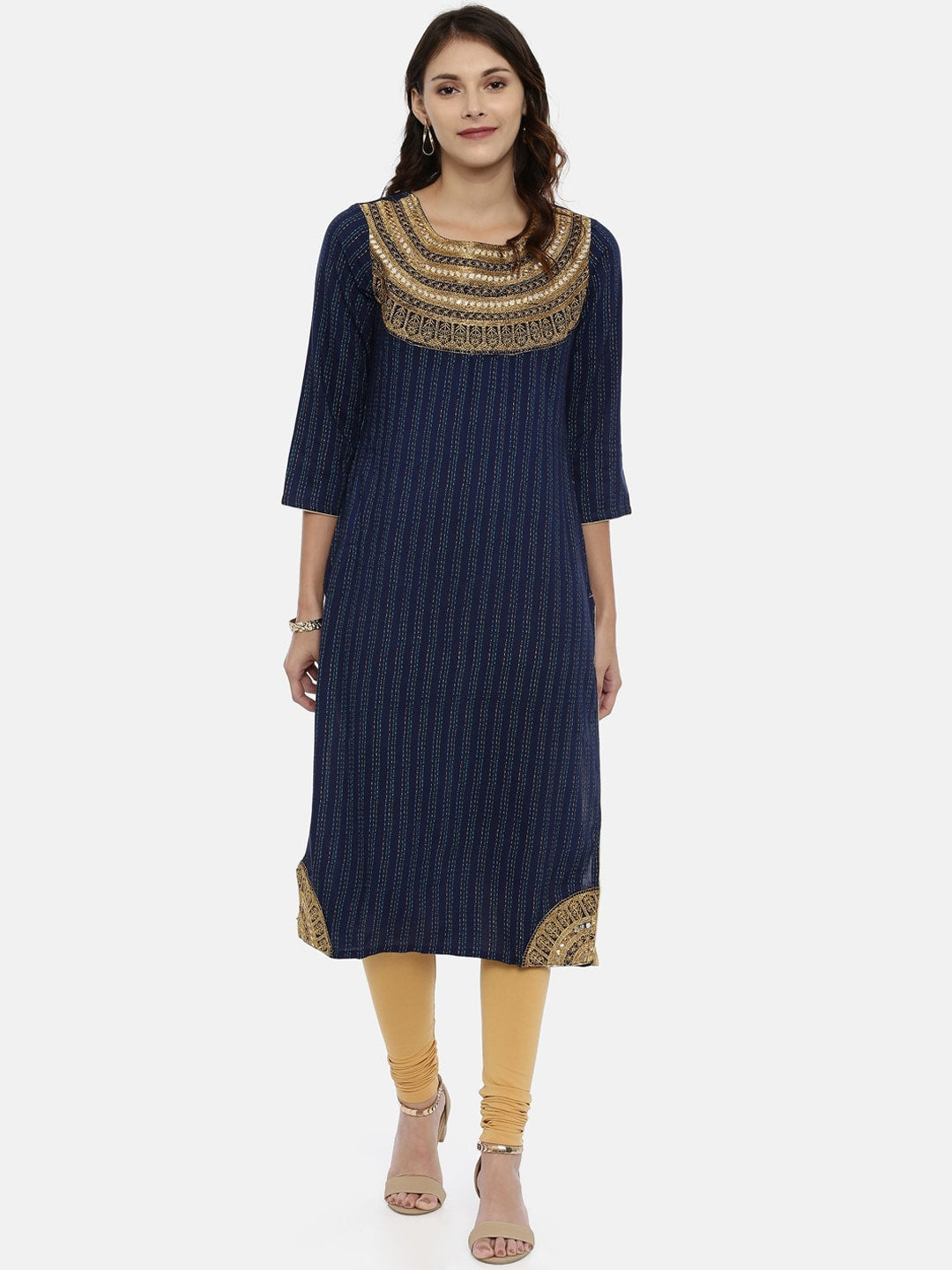 Souchii Navy Blue & Gold-Toned Striped A-Line Kurta
