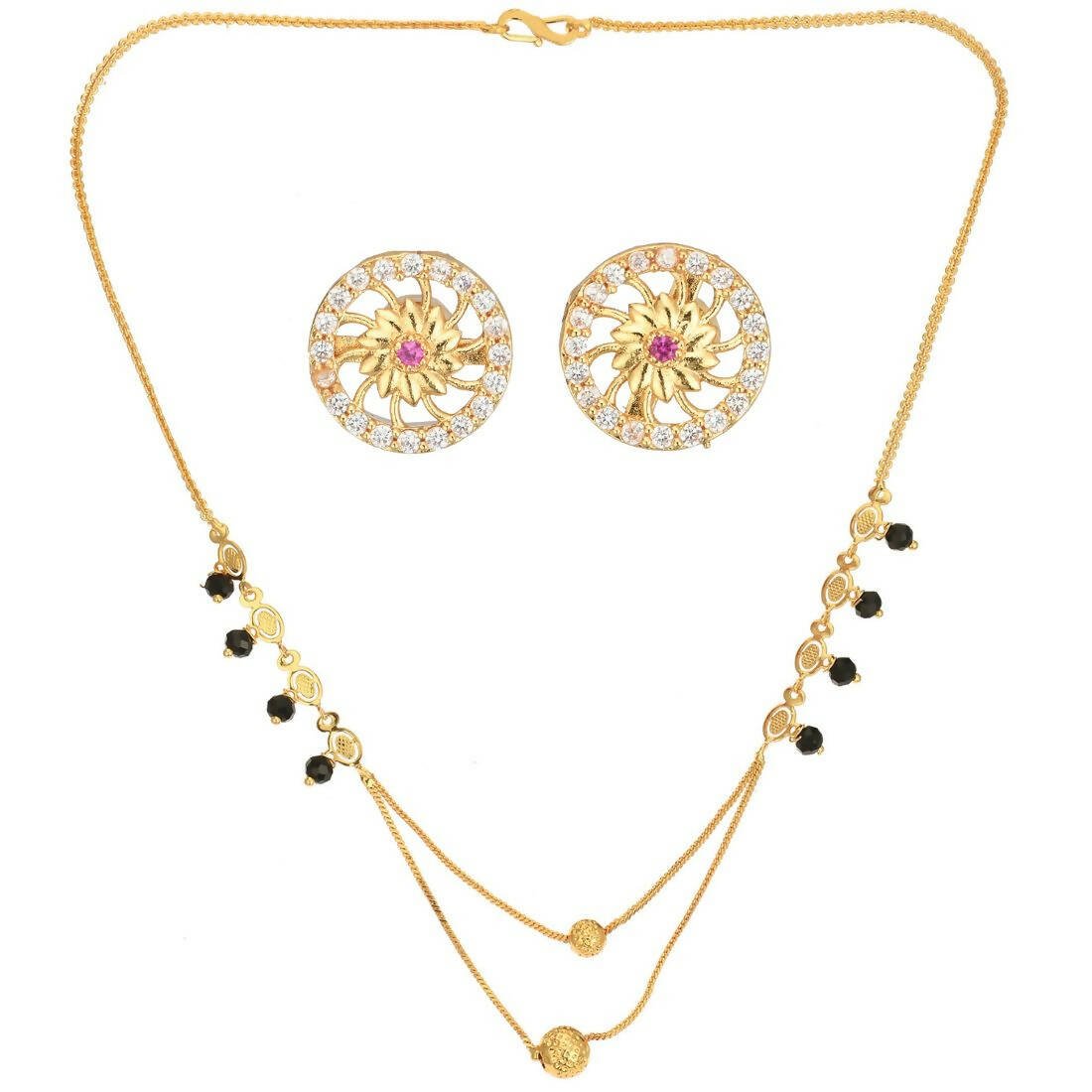AanyaCentric Gold-Polished Short Mangalsutra Set with Earrings