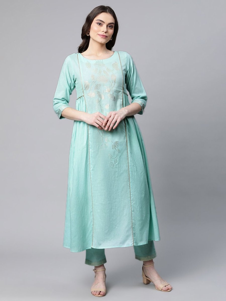 Ahalyaa Women Sea Green Colour Pure Cotton Gold Foil Print Kurta Pant Set