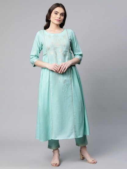 Ahalyaa Women Sea Green Colour Pure Cotton Gold Foil Print Kurta Pant Set