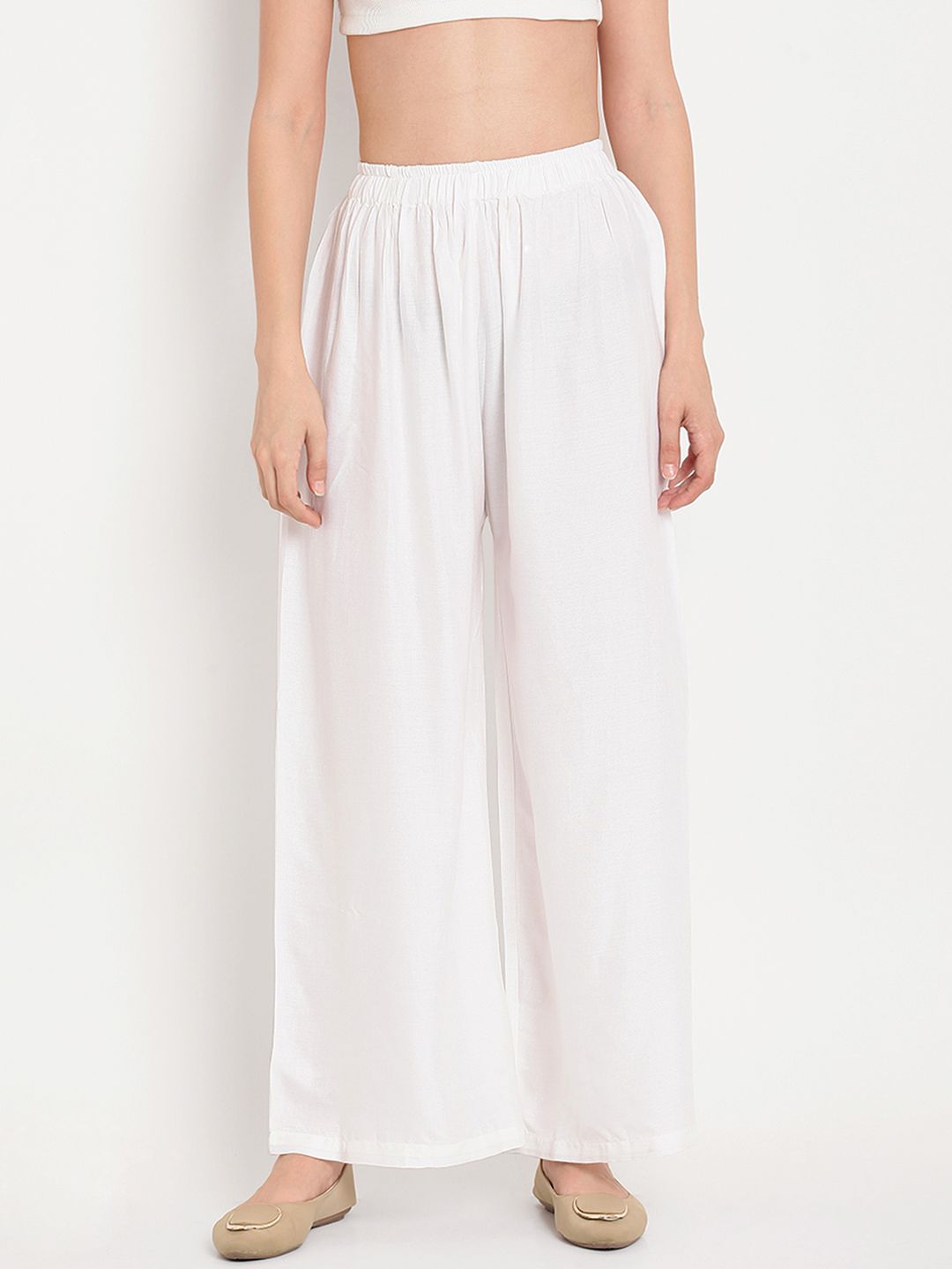 TAG 7 Women Pack Of 2 White & Navy Blue Solid Flared Palazzos