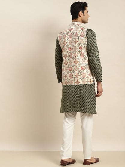 Sojanya Men Green Ethnic Motifs Kurta with Churidar & Nehru Jacket