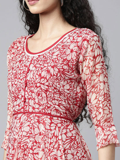 Souchii White & Red Floral Layered Chiffon Beautiful Midi Dress