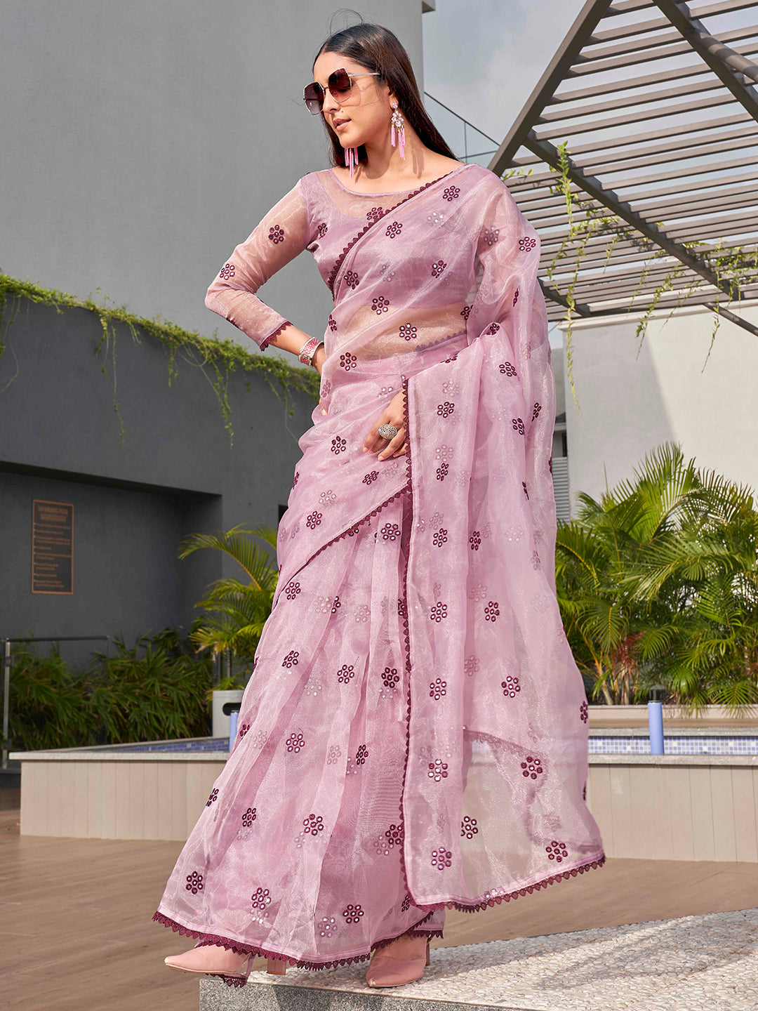 Tikhi Imli Ethnic Motifs Mirror Work Organza Saree