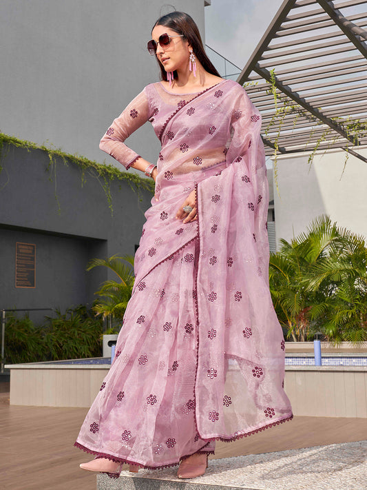 Tikhi Imli Ethnic Motifs Mirror Work Organza Saree