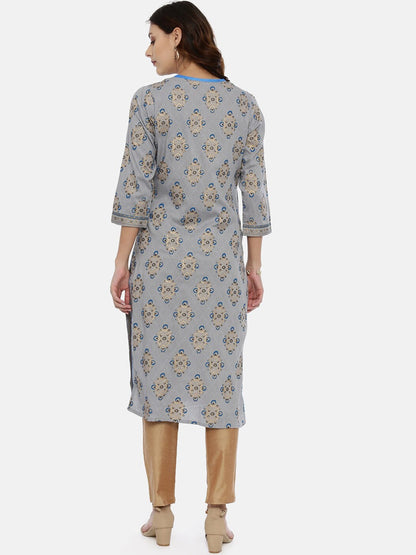 Souchii Grey & Gold Printed Straight Kurta