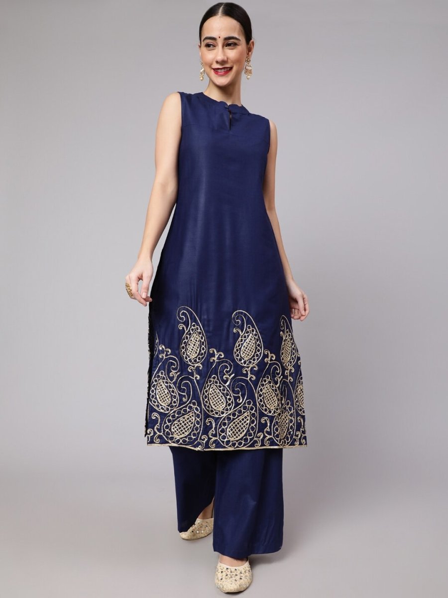 Aks Paisley Embroidered Band Collar Kurta with Palazzos