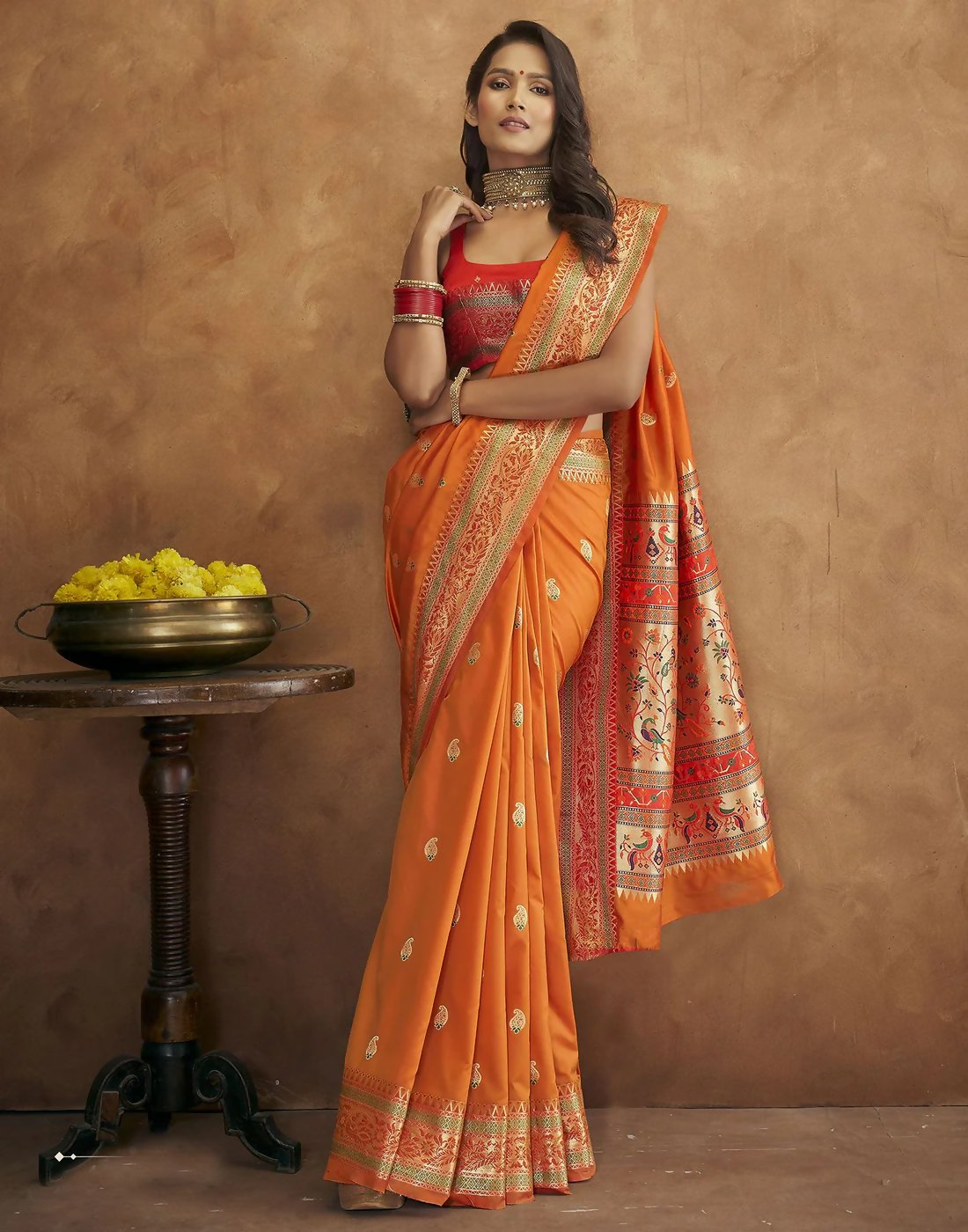 Vastranavya Orange Soft Paithani Silk Saree With Gold Zari Weaving Motifs With Matching Blouse Fabric