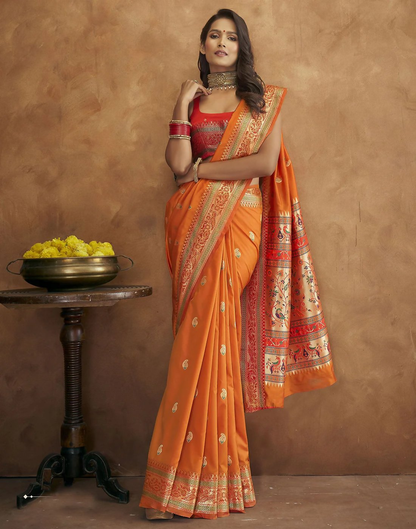 Vastranavya Orange Soft Paithani Silk Saree With Gold Zari Weaving Motifs With Matching Blouse Fabric