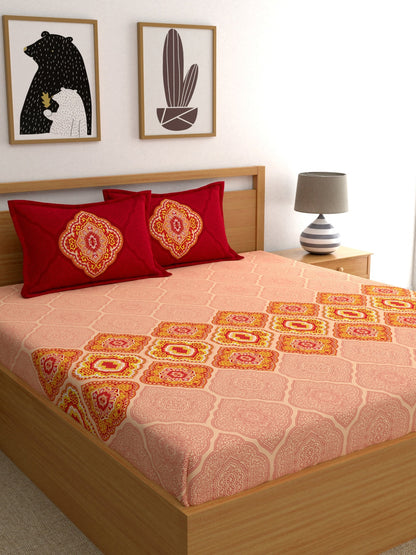 Dreamscape Pink Ethnic Motifs 144 TC Cotton Bedsheet with Pillow Covers