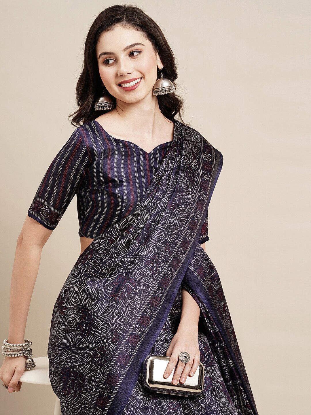 Saree Mall Navy Blue & Grey Floral Art Silk Bhagalpuri Sarees
