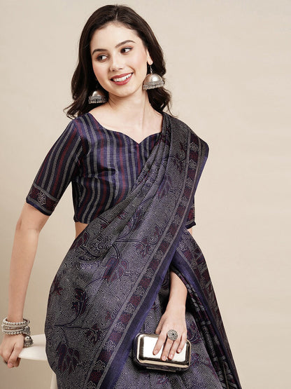 Saree Mall Navy Blue & Grey Floral Art Silk Bhagalpuri Sarees