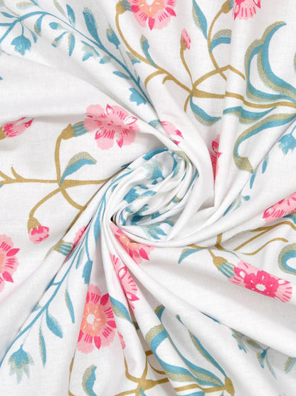 haus & kinder Blossoms Pink & White 186 TC Cotton Queen Bedsheet With 2 Pillow Covers