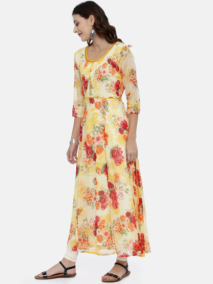 Souchii Yellow Printed A-Line Kurta