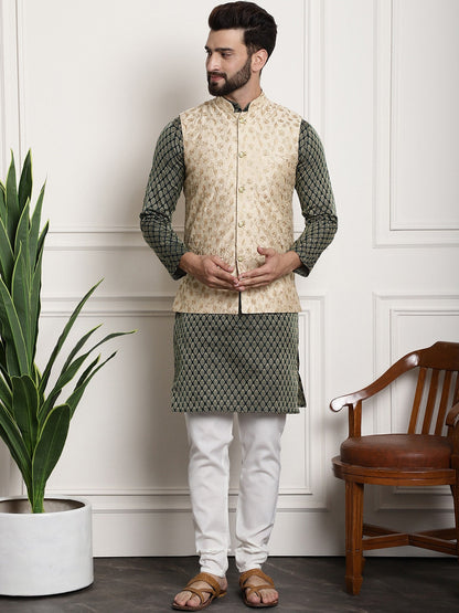 Sojanya Woven Design Mandarin Collar Kurta with Churidar & Nehru Jacket