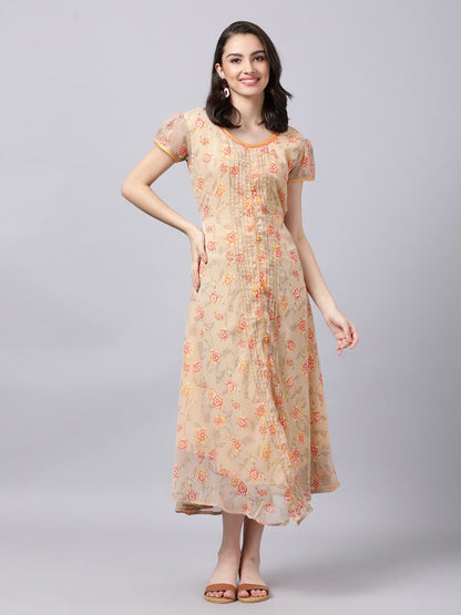 Souchii Women Grey Floral Printed Chiffon A-Line Dress