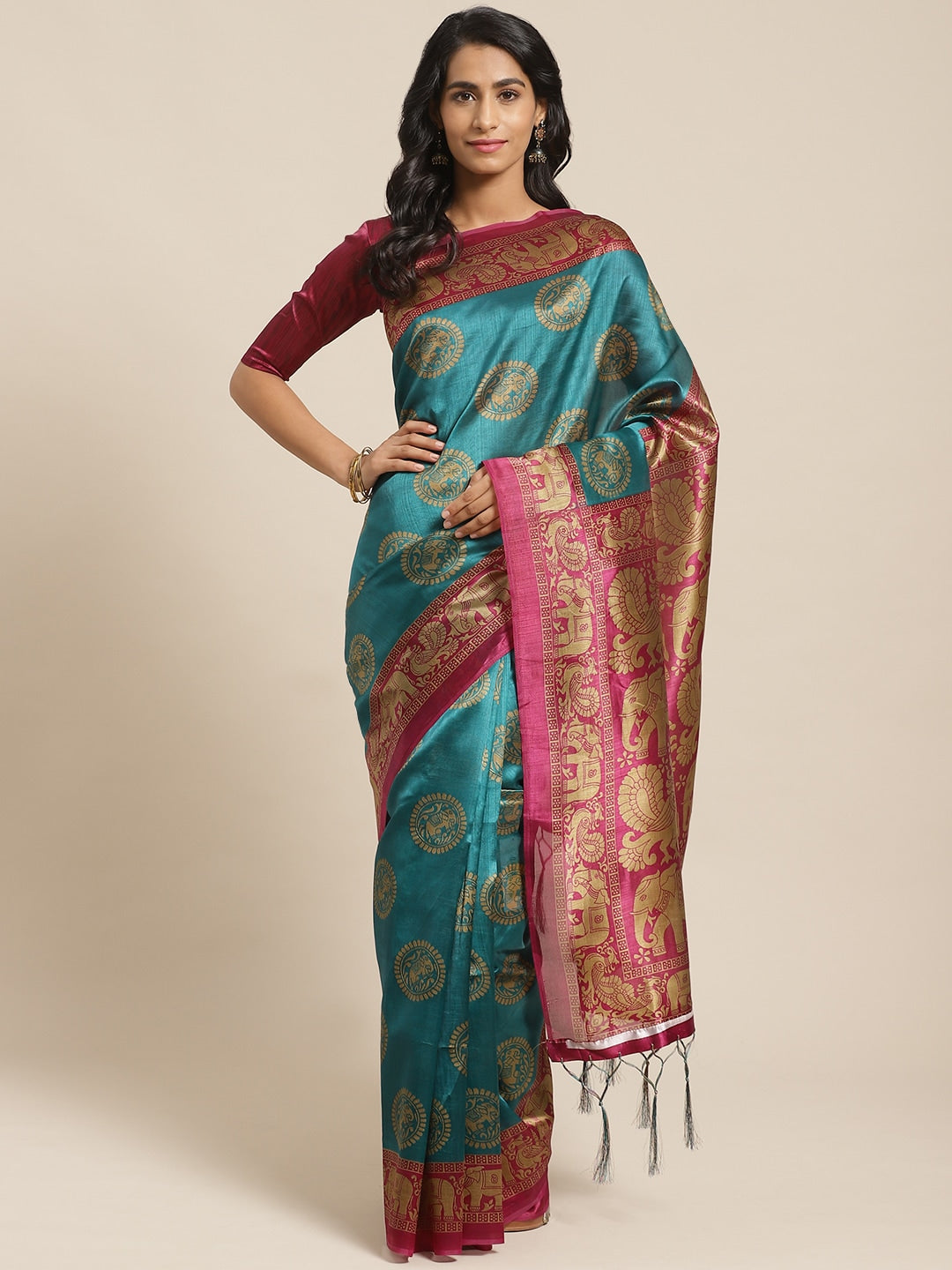 Saree Mall Teal Green & Beige Printed Bhagalpuri Saree