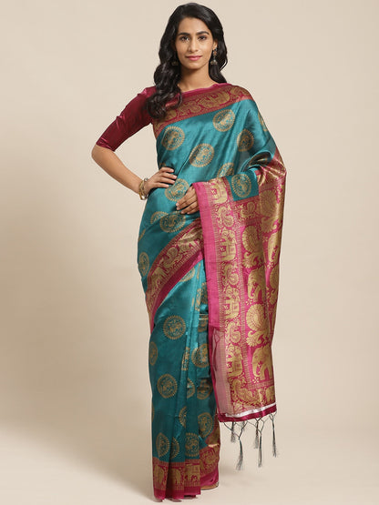 Saree Mall Teal Green & Beige Printed Bhagalpuri Saree