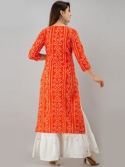 HERE&NOW Orange Tie Up Neck Bandhani Printed Gotta Patti Kurta