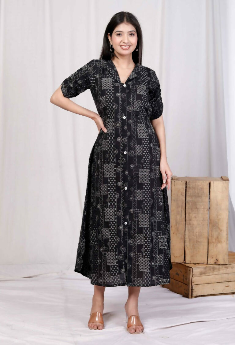 Miravan Women's Pure Cotton Black Floral Printed Front Button A-Line Midi Dress