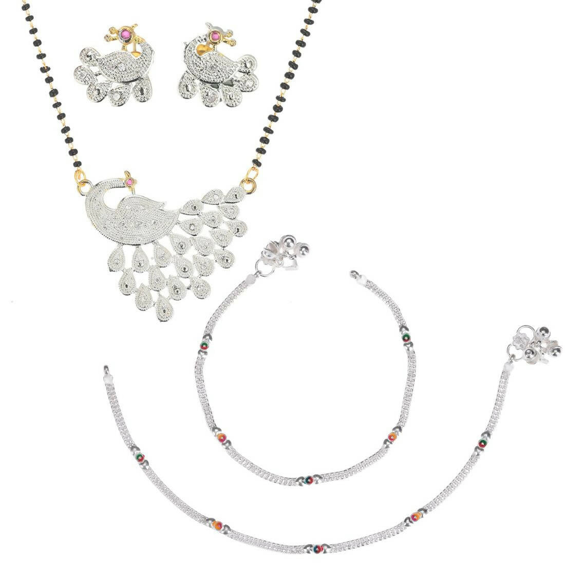 AanyaCentric Gold-Polished Mangalsutra Pendant Earring Set & Silver Plated Anklet