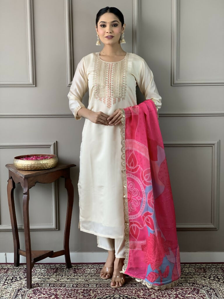 White Viscose Chanderi Stitched Suit With Dupatta - Tanisha