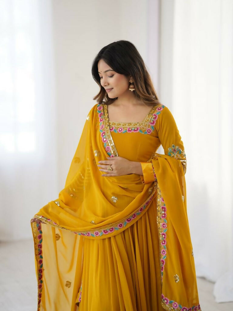 Teeya Creation Yellow Color Heavy Georgette Wedding Wear Embroidery Work Long Gown