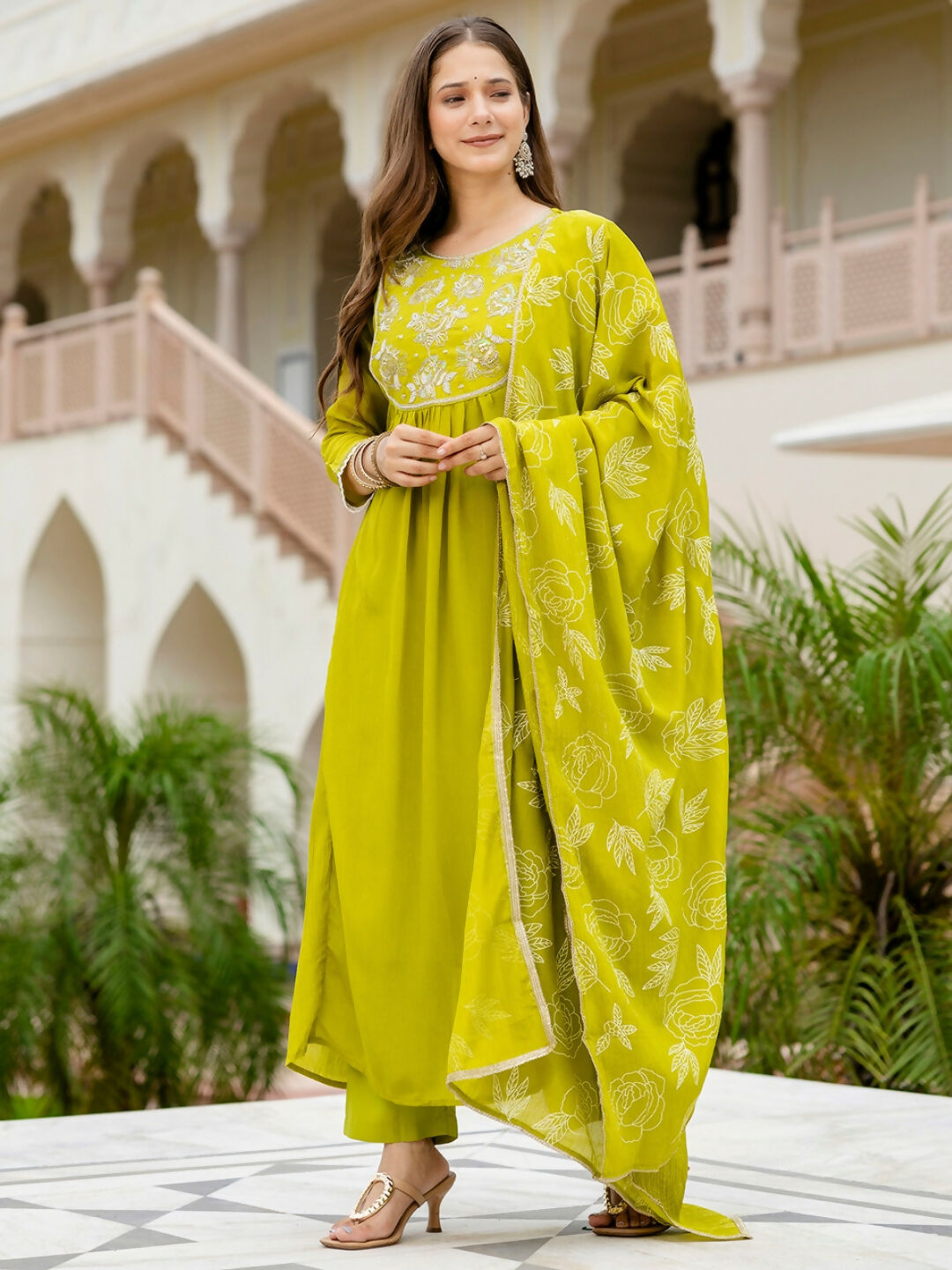 The52 Liril Women's Beautiful Embroidered work Chinon Fabric with Flared Kurta, Pant and Dupatta Set