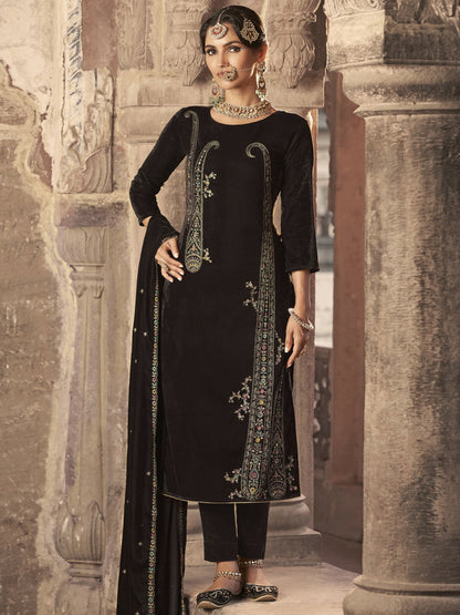 Jyoti Fashion Women's Brown Velvet Floral Resham Thread with Jari work Kurta with Trouser & Dupatta